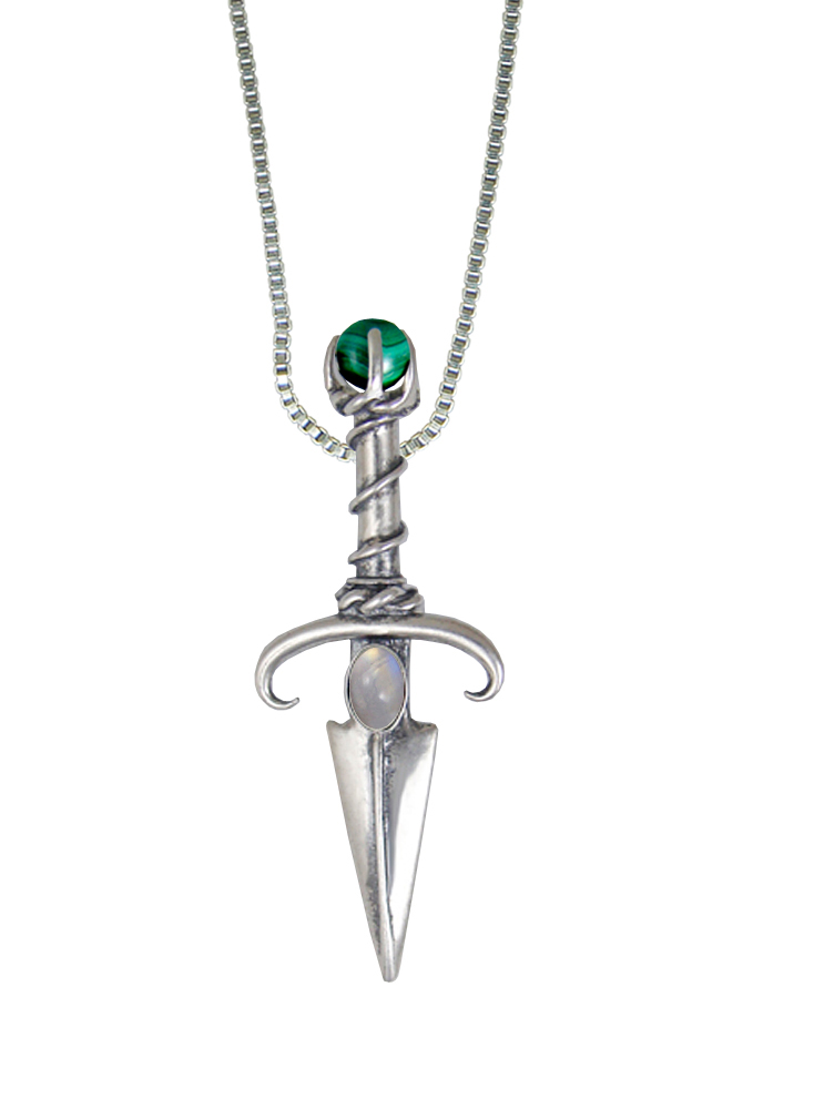 Sterling Silver Black Prince's Knife Dagger Pendant With Rainbow Moonstone And Malachite